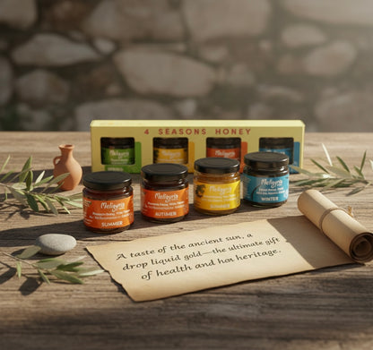 Meligyris Greek Honey Gift Set, 4 Varieties Pack with Mountain Honey, Pine Thyme, Forest Honey Heath, Organic Honey, 30g each Jar