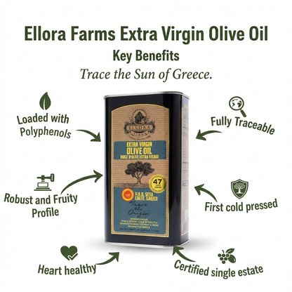 Ellora PDO SITIA & KOLYMVARI Estates Extra Virgin Greek Olive Oil, 1 Ltr Tin, 33.8 oz. Combo - ELLORA FARMS