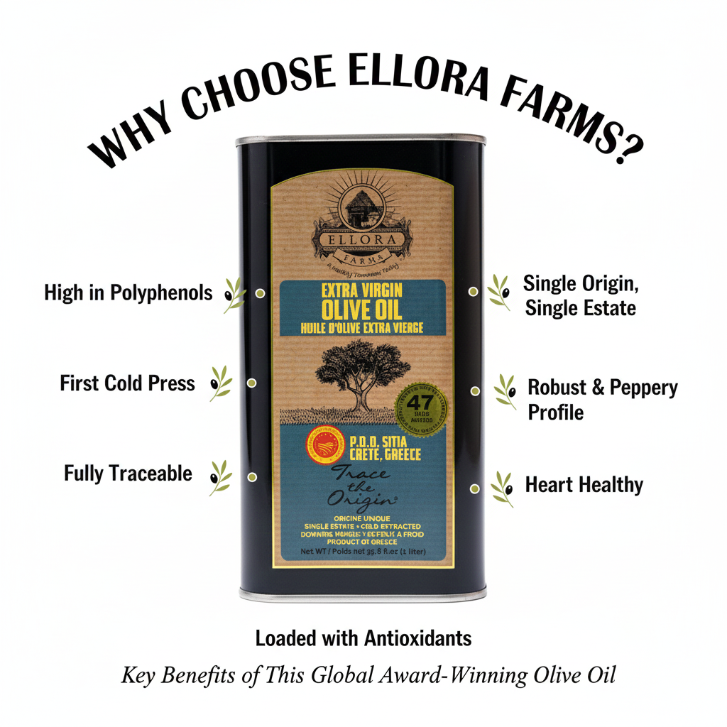 Ellora PDO SITIA & KOLYMVARI Estates Extra Virgin Greek Olive Oil, 1 Ltr Tin, 33.8 oz. Combo