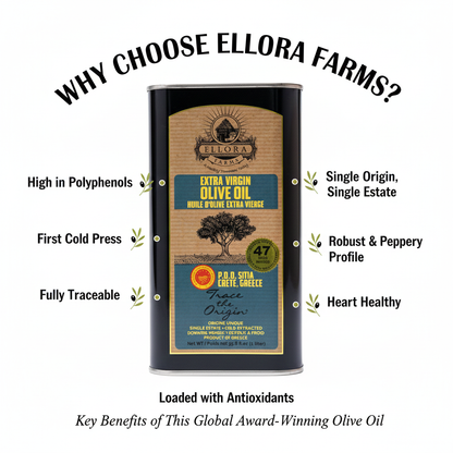 Ellora PDO SITIA & KOLYMVARI Estates Extra Virgin Greek Olive Oil, 1 Ltr Tin, 33.8 oz. Combo