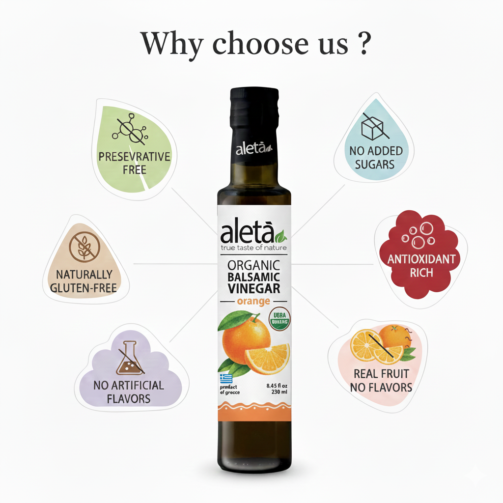 Aleta Organic, Orange Infused Balsamic Vinegar, Glass Bottle, 8.45 oz.