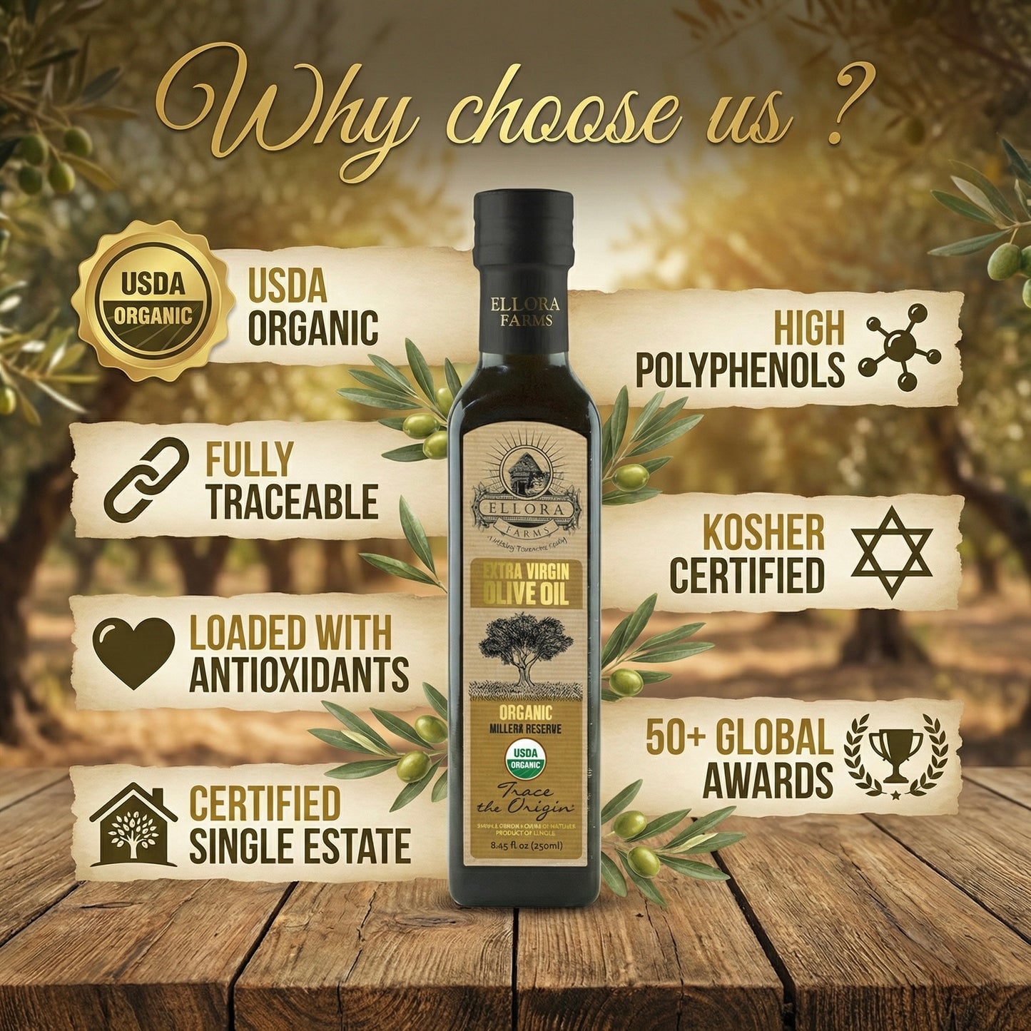 Ellora Farms, Certified USDA Organic Greek Traceable Extra Virgin Olive Oil, 8.45 Oz.