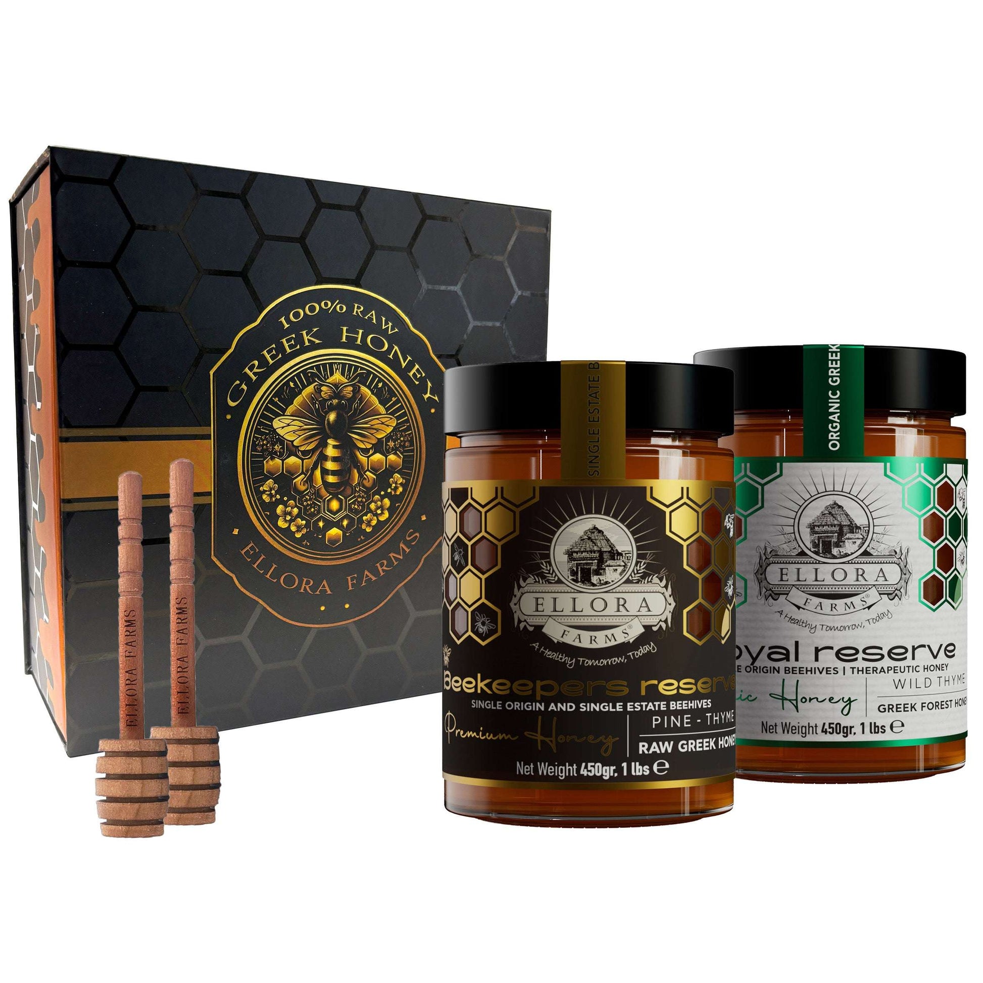 PDO Beekeepers Reserve & Queens Nectar Platinum Awarded, Raw Greek Honey, 1 lb. Each Combo Gift Pack - ELLORA FARMS