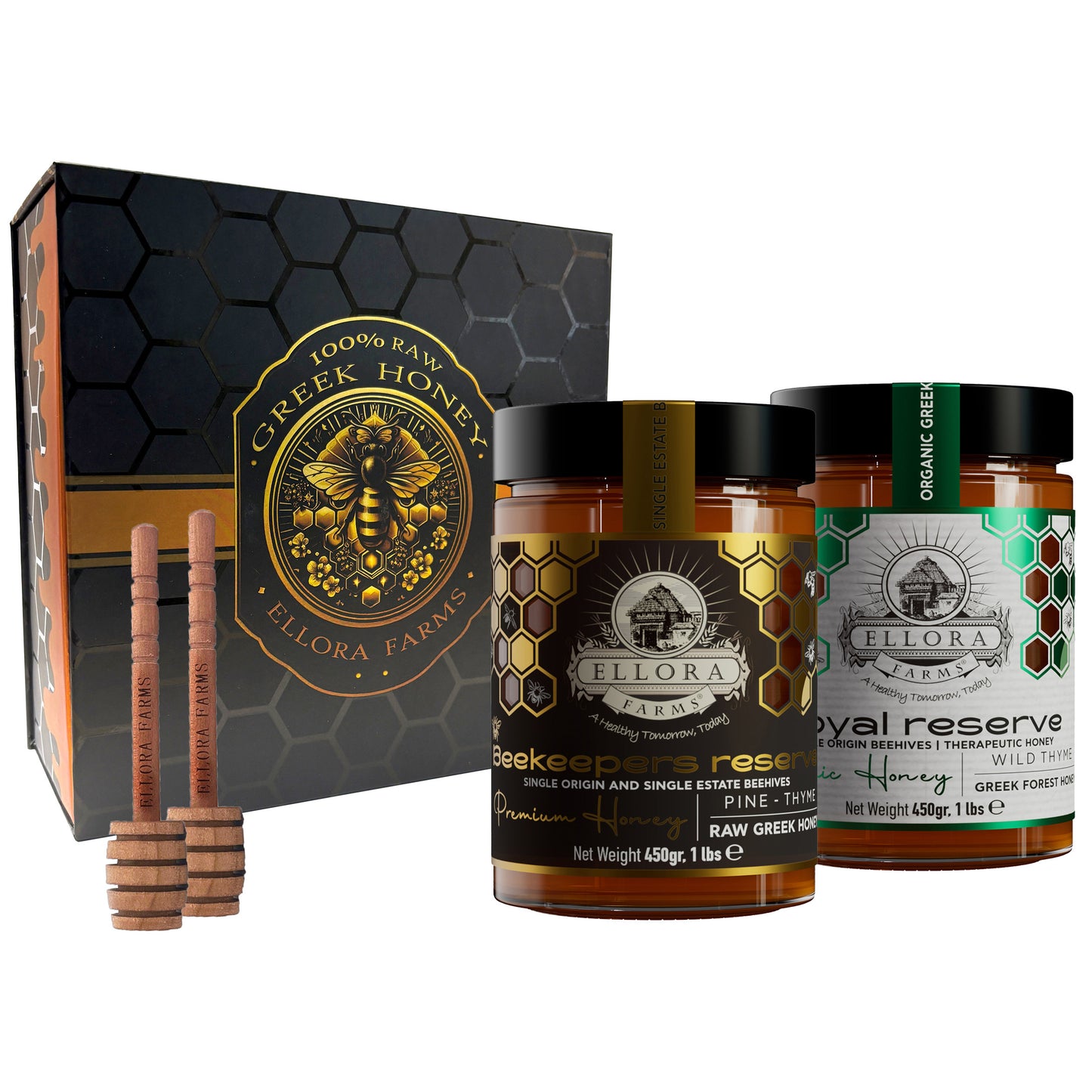 PDO Beekeepers Reserve & Queens Nectar Platinum Awarded, Raw Greek Honey, 1 lb. Each Combo Gift Pack