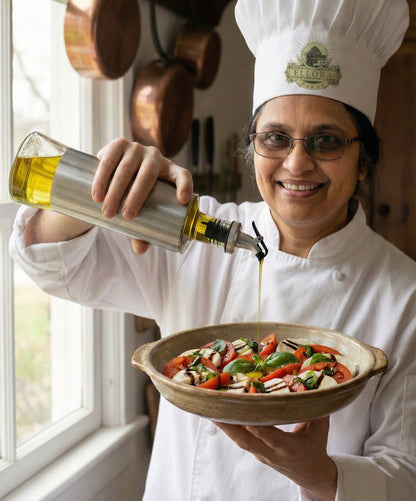 Glass Cruet Bottle, Elegant Stainless Steel Shell casing, large 17 oz (Steel) - ELLORA FARMS