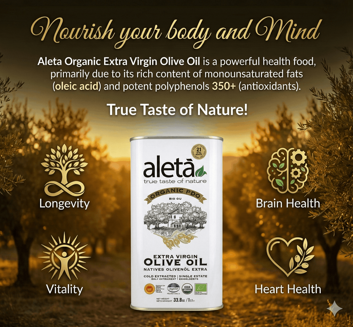 Combo Pack, Aleta Organic PDO Extra Virgin Olive Oil, 33.8 and Organic Tuscany Bread Dipping Mix Pack of 2