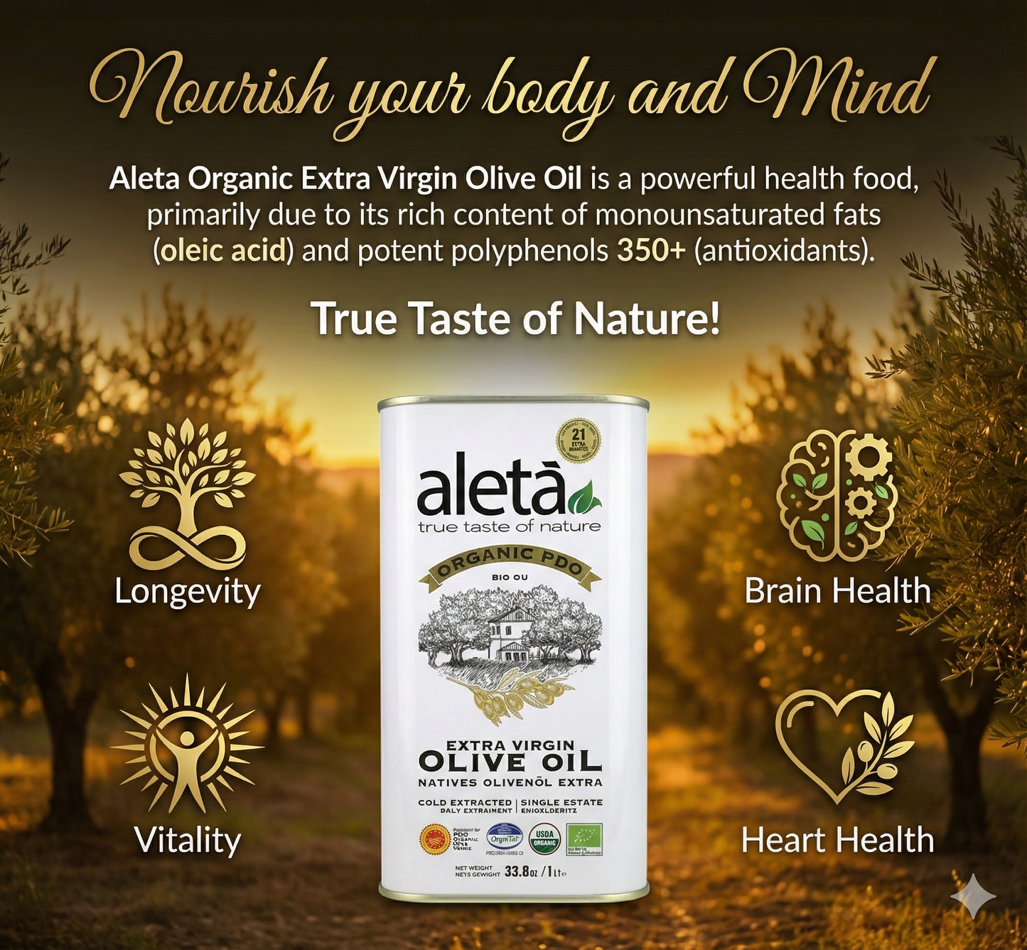 Combo Pack, Aleta Organic PDO Extra Virgin Olive Oil, 33.8 and Organic Tuscany Bread Dipping Mix Pack of 2