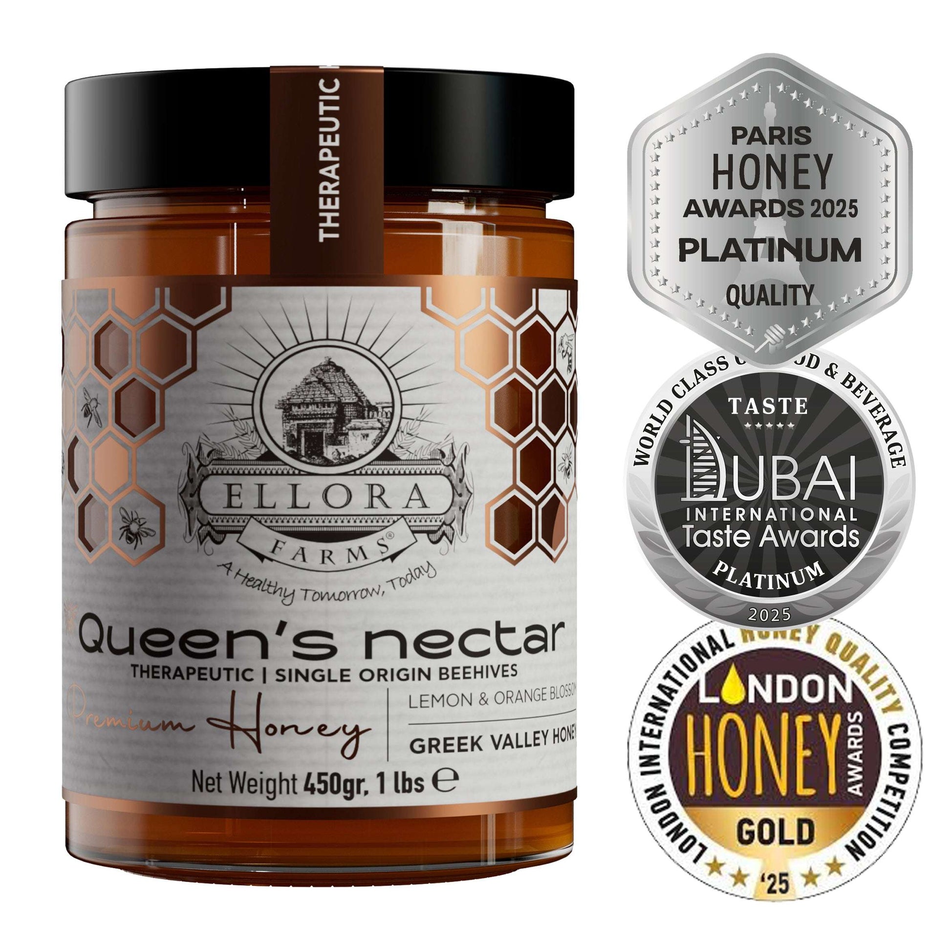 Organic Royal Reserve & Queens Nectar Award Winning Raw Greek Honey, 1 lb. Each Combo Gift Pack - ELLORA FARMS