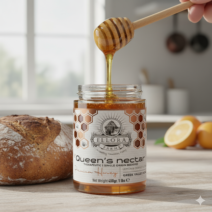 Greek Raw Honey, Queens Nectar, Lemon & Orange Blossom Therapeutic Honey, 450g - ELLORA FARMS