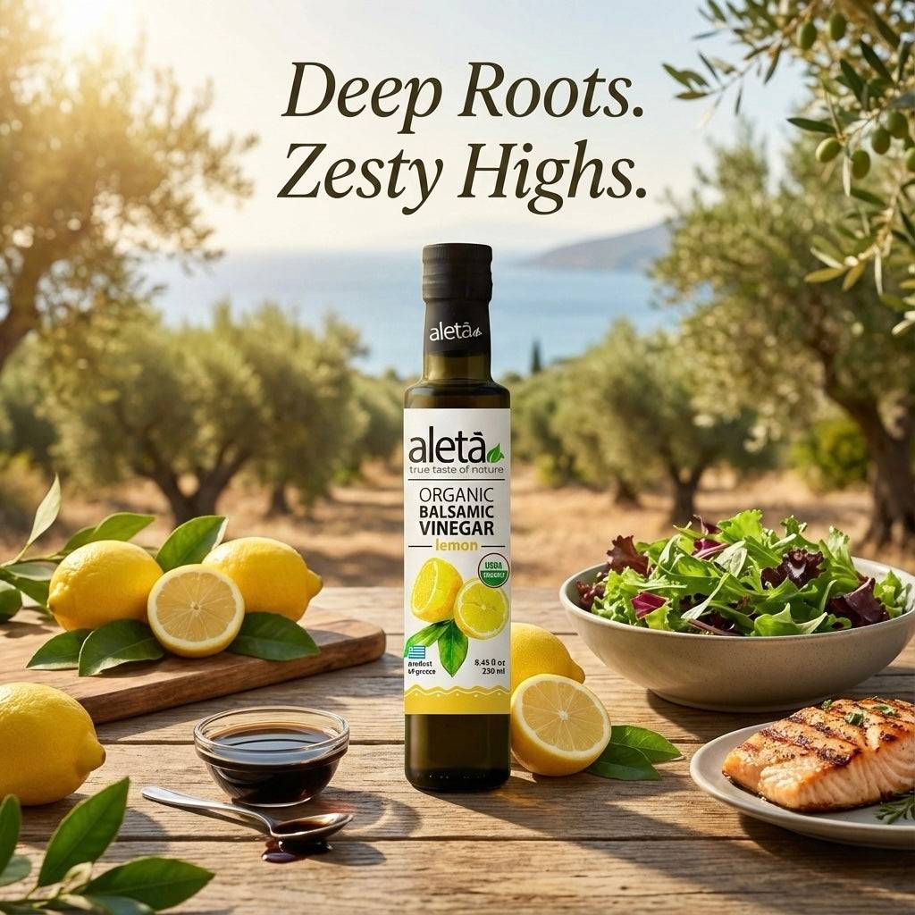 Aleta Organic, Lemon Infused Balsamic Vinegar, Glass Bottle, 8.45 oz.