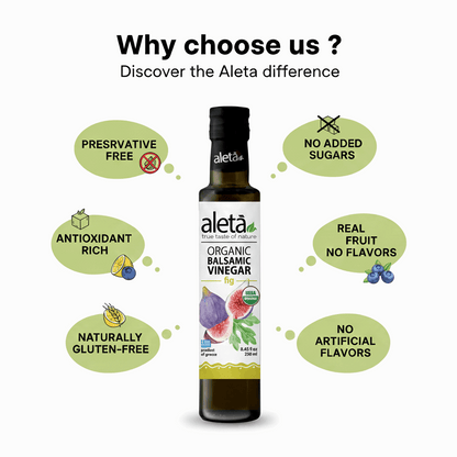 Aleta Organic, Fig Infused Balsamic Vinegar, Glass Bottle, 8.45 oz.