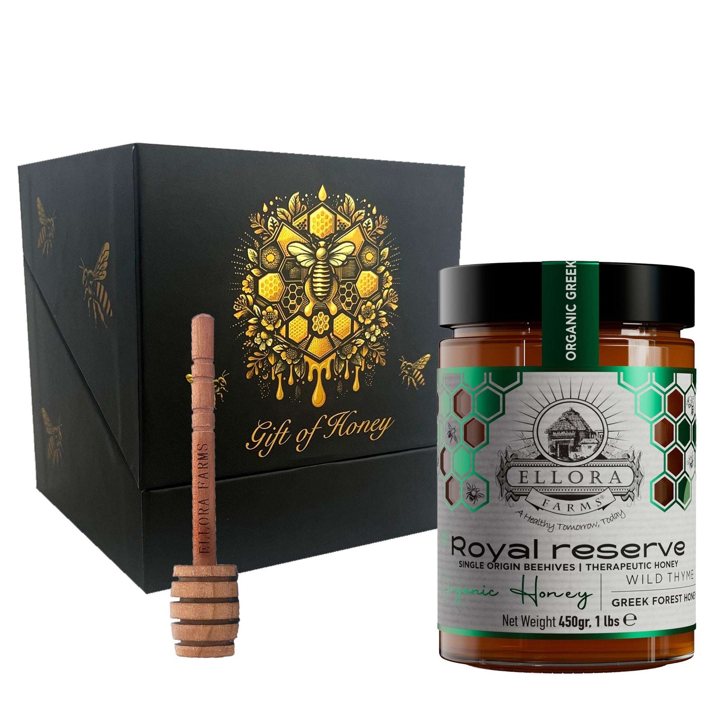 Organic Greek Raw Honey, Royal Reserve, Wild Thyme Therapeutic Honey, 450g CUBE Gift Set - ELLORA FARMS