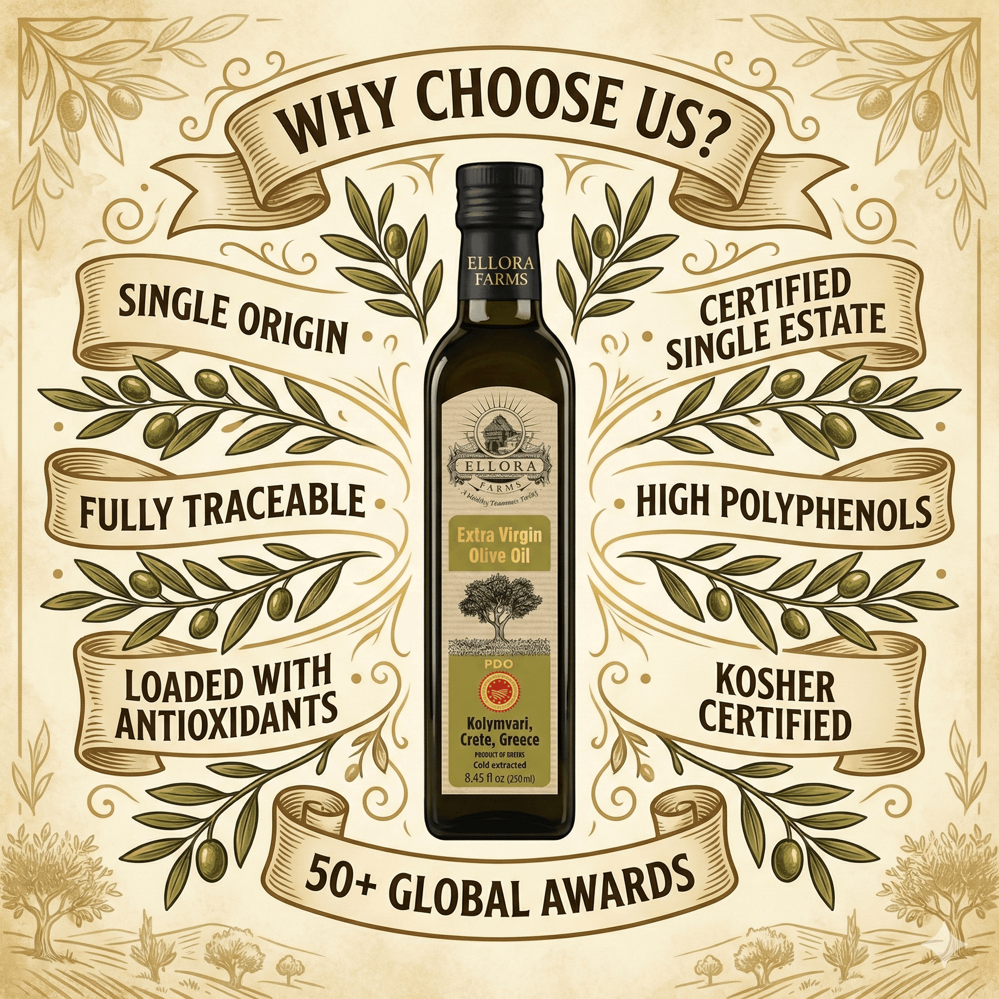 Traceable Single Estate Extra Virgin Olive Oil, Certified PDO and Kosher Ek, 8.45 Oz