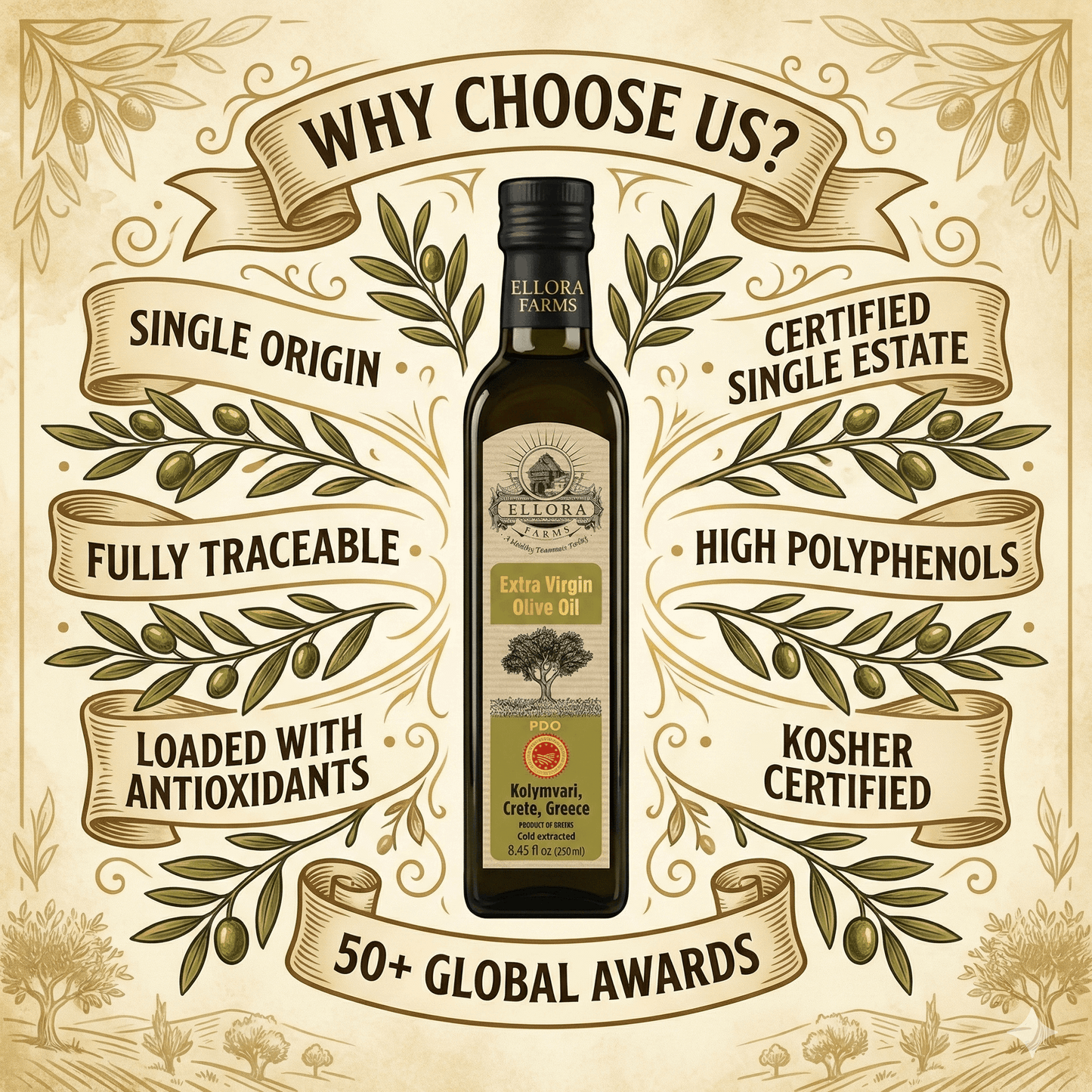 Traceable Kolymvari Estates Greek Extra Virgin Olive Oil, Kosher & PDO Certified, 33.8 + 8.5 oz. Combo