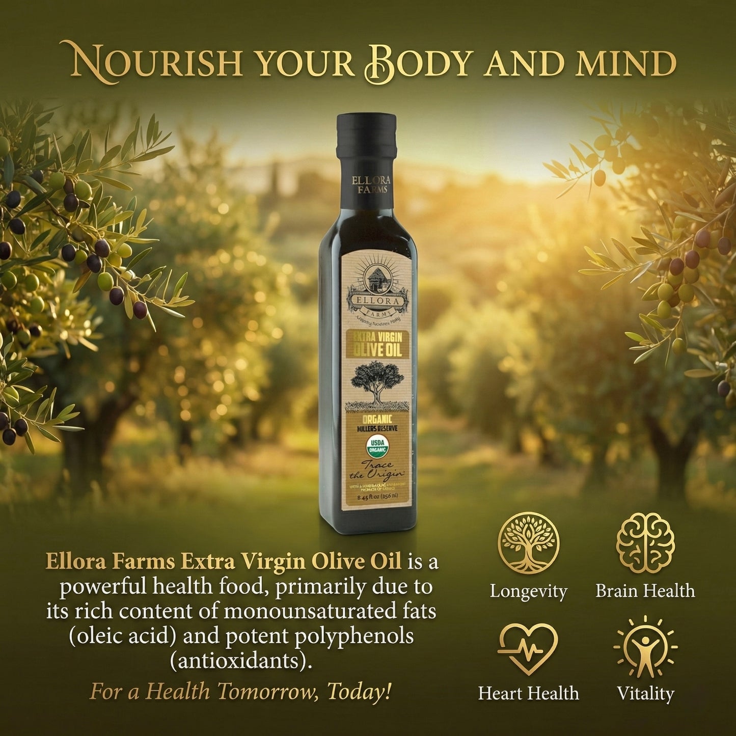 Ellora Farms, Certified USDA Organic Greek Traceable Extra Virgin Olive Oil, 8.45 Oz.