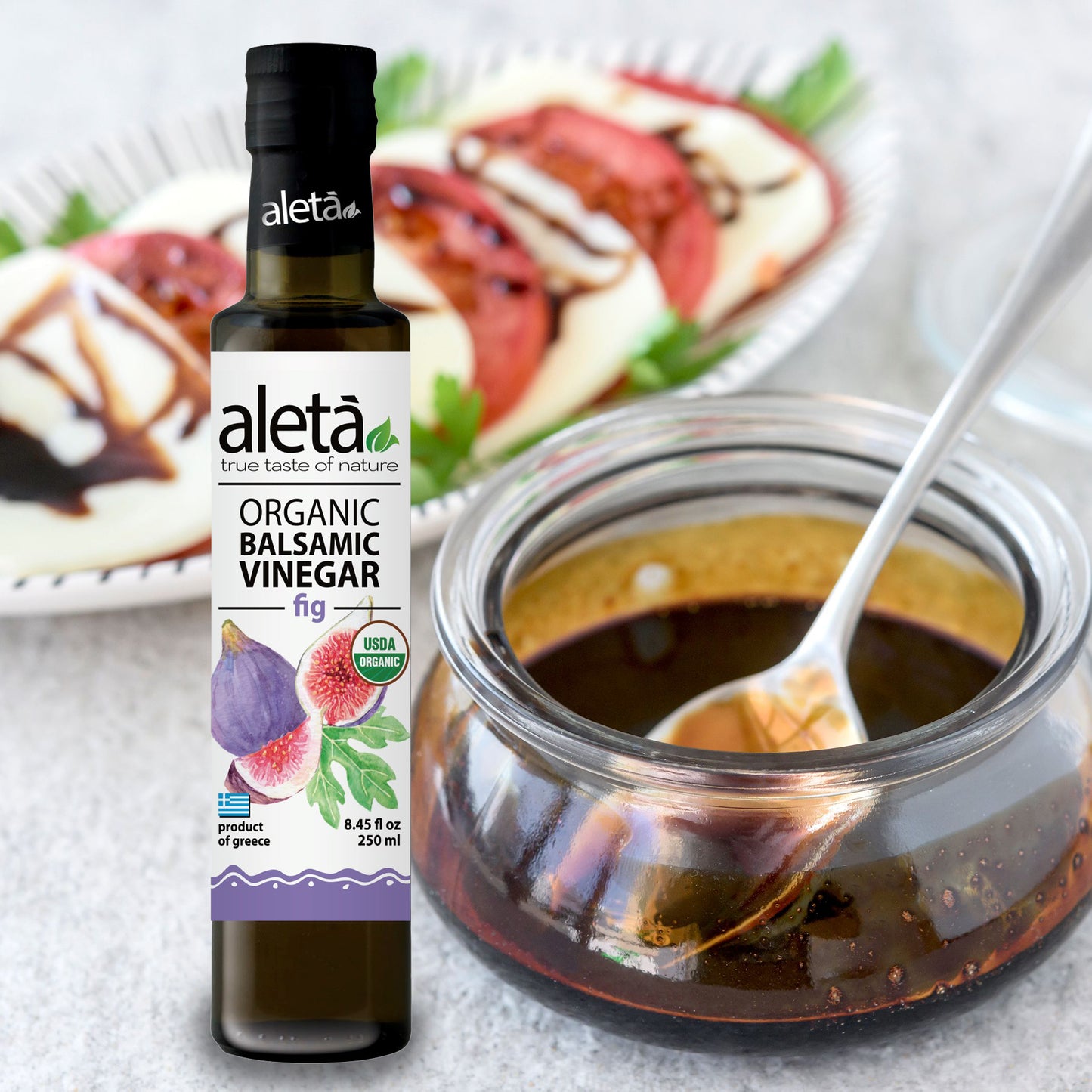 Aleta Organic, Fig Infused Balsamic Vinegar, Glass Bottle, 8.45 oz.