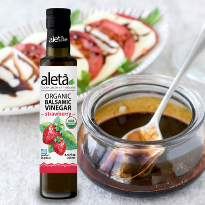 Aleta Organic, Strawberry Infused Balsamic Vinegar, Glass Bottle, 8.45 oz.