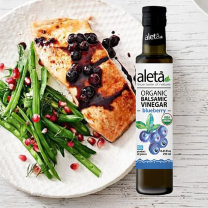 Aleta Organic, Blueberry Infused Balsamic Vinegar, Glass Bottle, 8.45 oz.