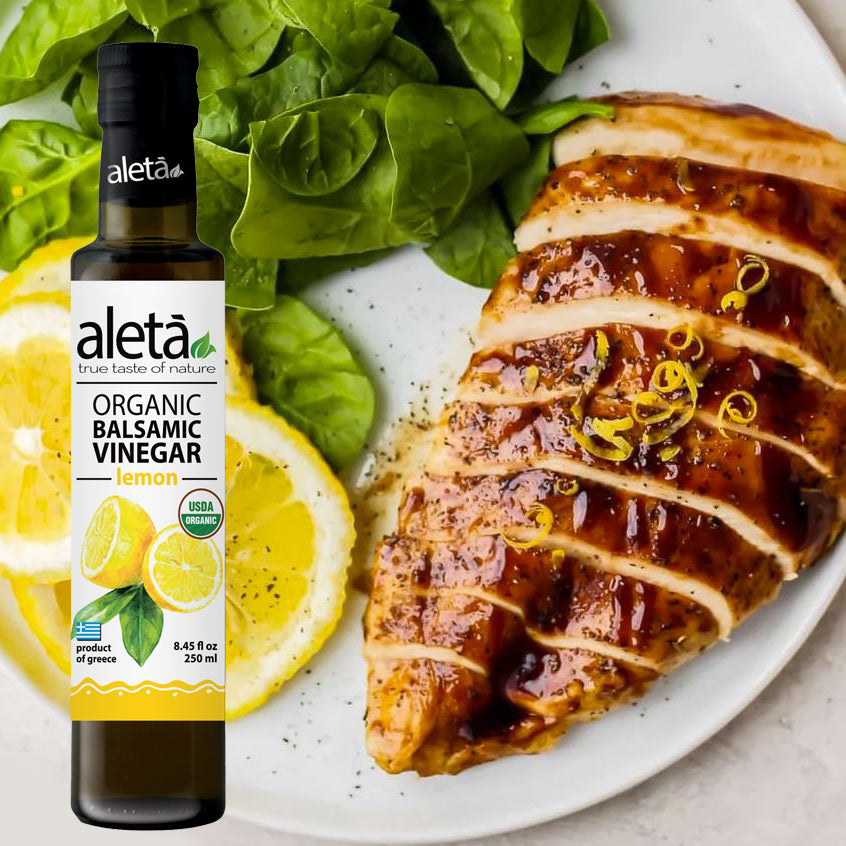 Aleta Organic, Lemon Infused Balsamic Vinegar, Glass Bottle, 8.45 oz.