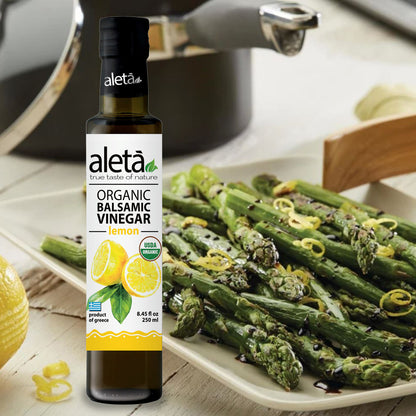 Aleta Organic, Lemon Infused Balsamic Vinegar, Glass Bottle, 8.45 oz.