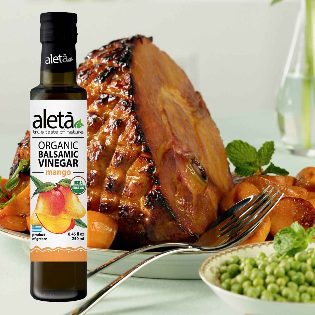 Aleta Organic, Mango Infused Balsamic Vinegar, Glass Bottle, 8.45 oz.