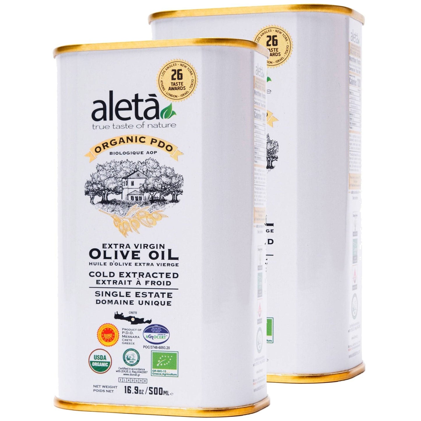 Aleta Organic & PDO Single Estate Traceable Extra Virgin Greek Olive Oil, 500 ml (17 oz) Tin - ELLORA FARMS