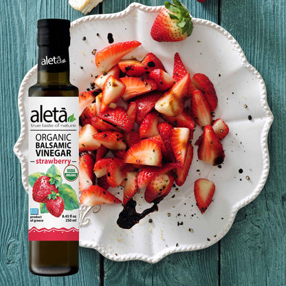 Aleta Organic, Strawberry Infused Balsamic Vinegar, Glass Bottle, 8.45 oz.