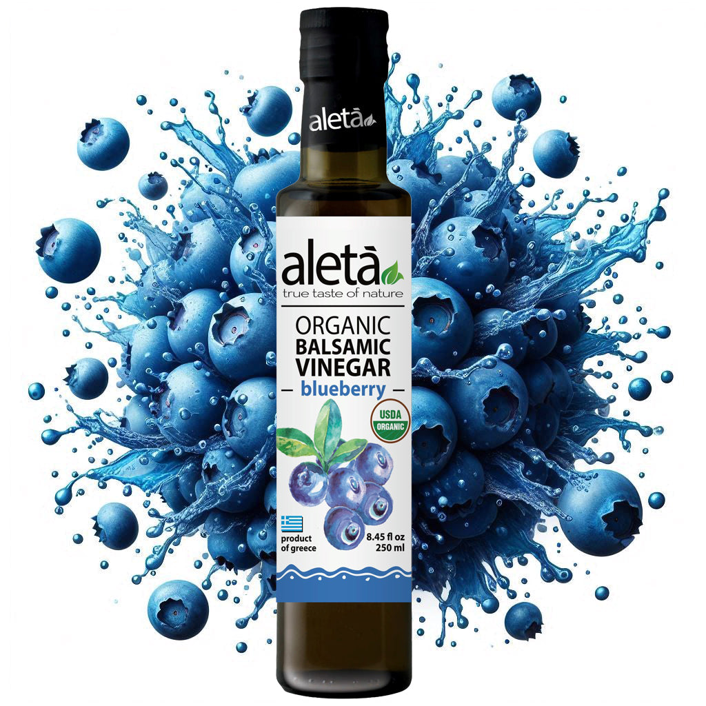 Aleta Organic, Blueberry Infused Balsamic Vinegar, Glass Bottle, 8.45 oz.