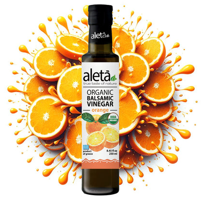 Aleta Organic, Orange Infused Balsamic Vinegar, Glass Bottle, 8.45 oz.