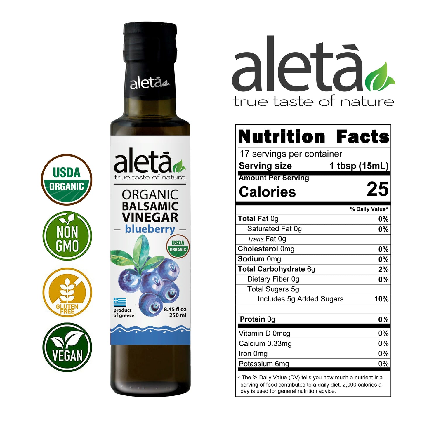 Aleta Organic, Blueberry Infused Balsamic Vinegar, Glass Bottle, 8.45 oz.