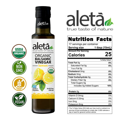 Aleta Organic, Lemon Infused Balsamic Vinegar, Glass Bottle, 8.45 oz.