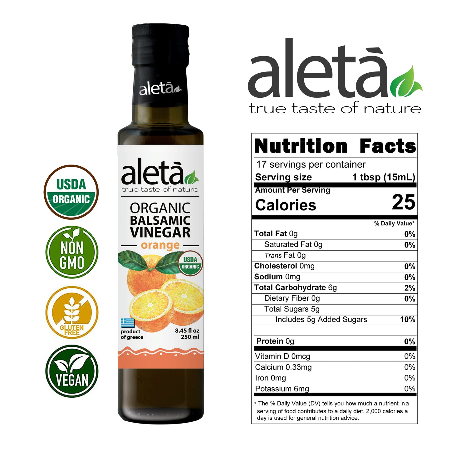 Aleta Organic, Orange Infused Balsamic Vinegar, Glass Bottle, 8.45 oz.