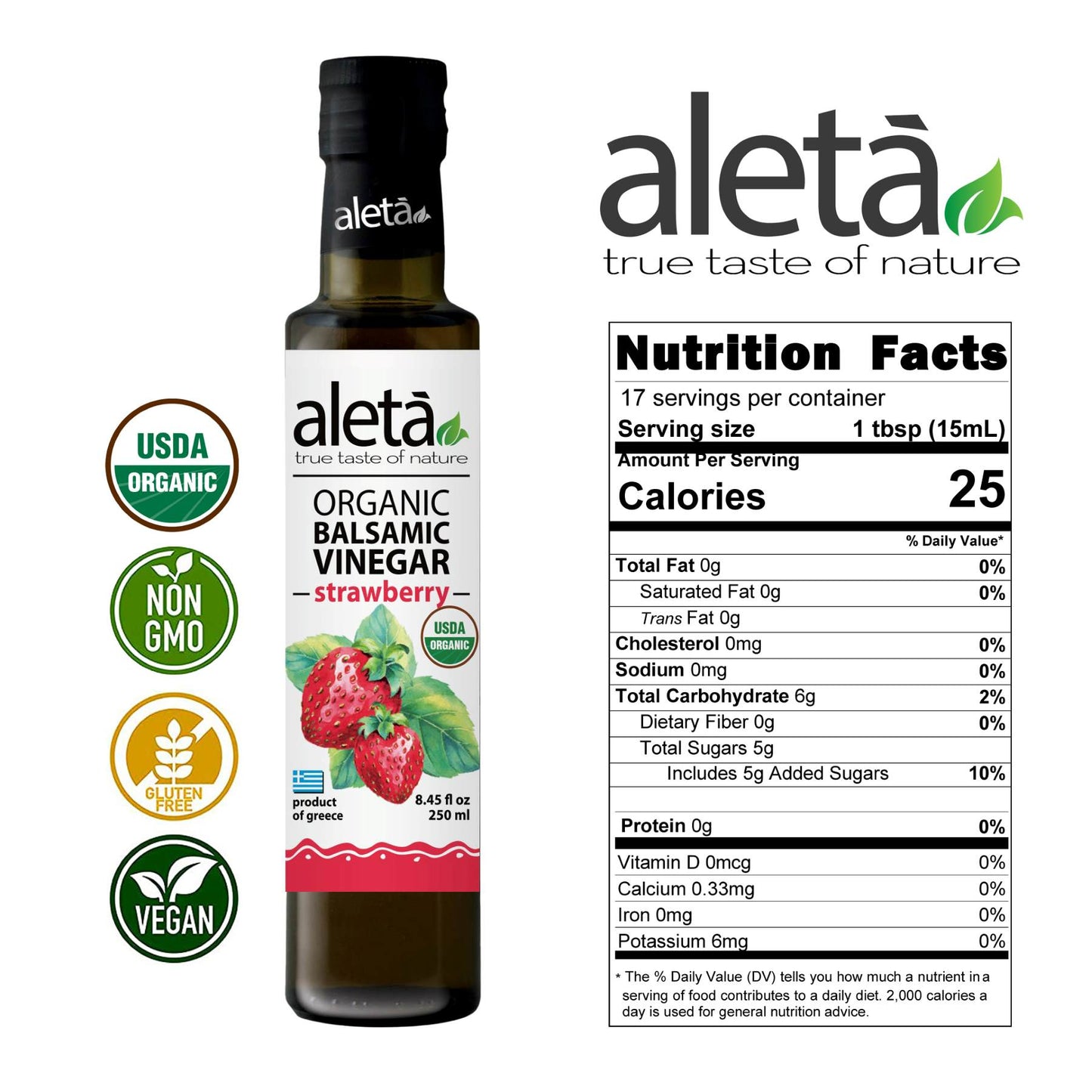 Aleta Organic, Strawberry Infused Balsamic Vinegar, Glass Bottle, 8.45 oz.