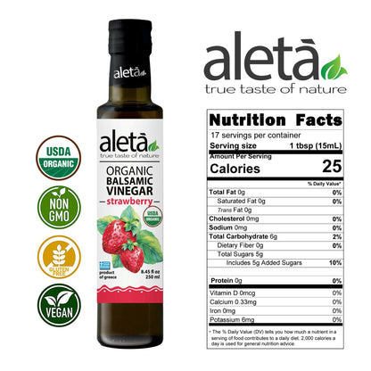 Aleta Organic, Strawberry Infused Balsamic Vinegar, Glass Bottle, 8.45 oz.