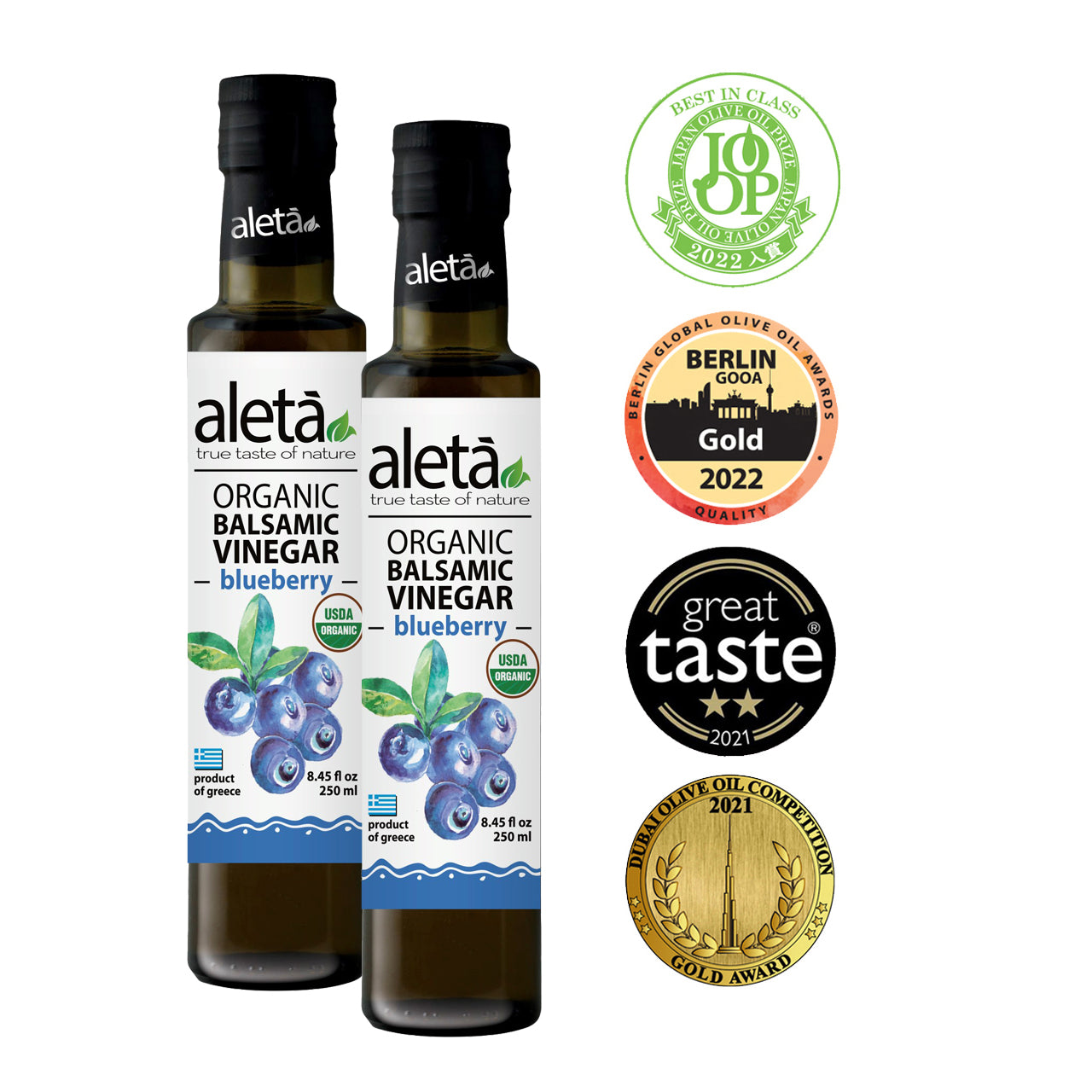 Aleta Organic, Blueberry Infused Balsamic Vinegar, Glass Bottle, 8.45 oz.