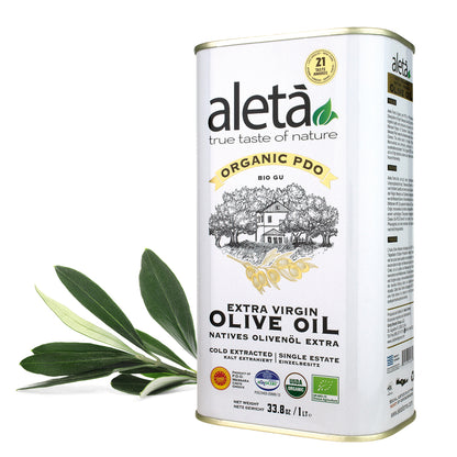 Aleta Organic & PDO Single Estate Traceable Extra Virgin Greek Olive Oil, 1 Ltr Tin, 33.8 oz.