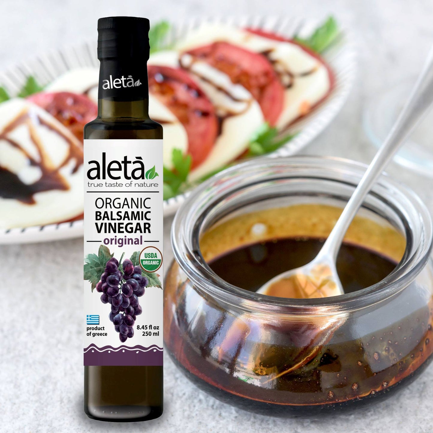 Aleta Organic, Natural Plain Balsamic Vinegar, Glass Bottle, 8.45 oz.