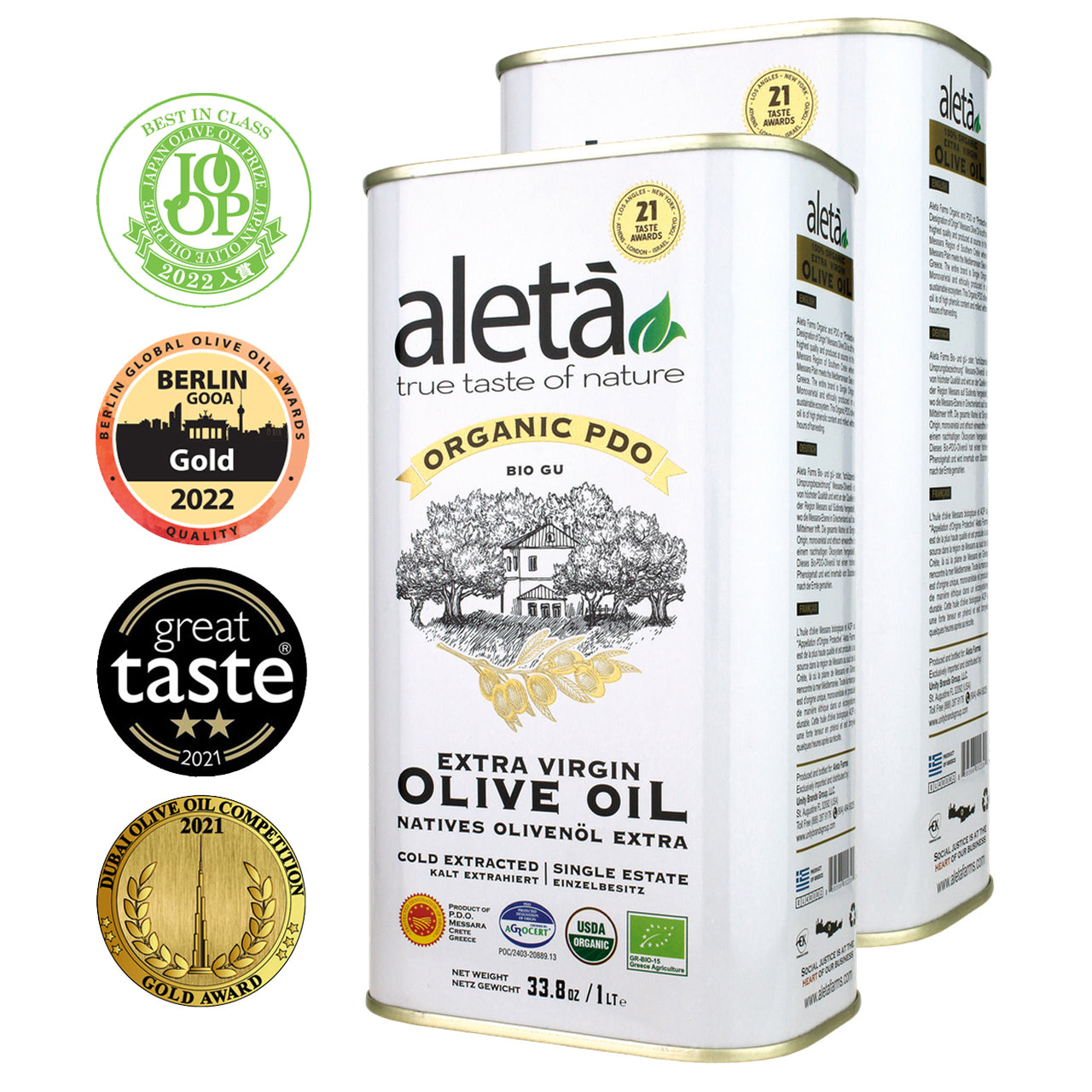 Aleta Organic & PDO Single Estate Traceable Extra Virgin Greek Olive Oil, 1 Ltr Tin, 33.8 oz.