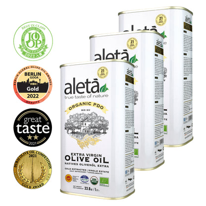 Aleta Organic & PDO Single Estate Traceable Extra Virgin Greek Olive Oil, 1 Ltr Tin, 33.8 oz.