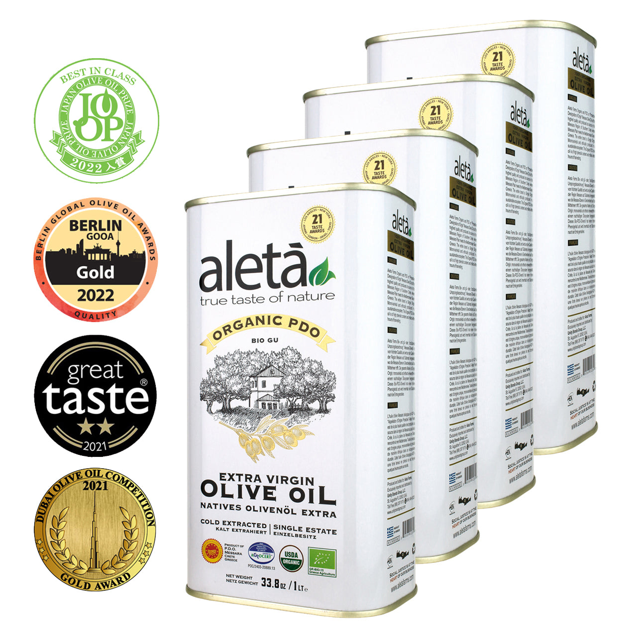 Aleta Organic & PDO Single Estate Traceable Extra Virgin Greek Olive Oil, 1 Ltr Tin, 33.8 oz.