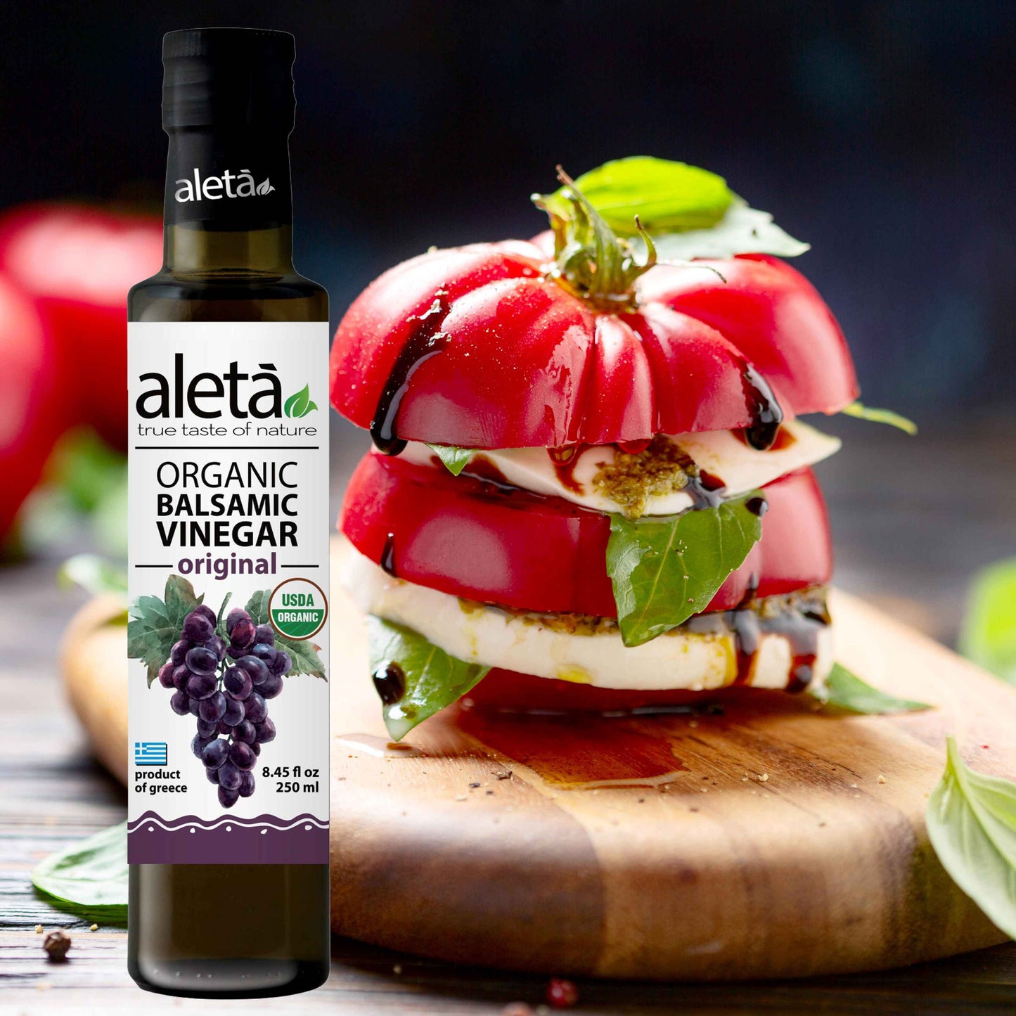 Aleta Organic, Natural Plain Balsamic Vinegar, Glass Bottle, 8.45 oz.