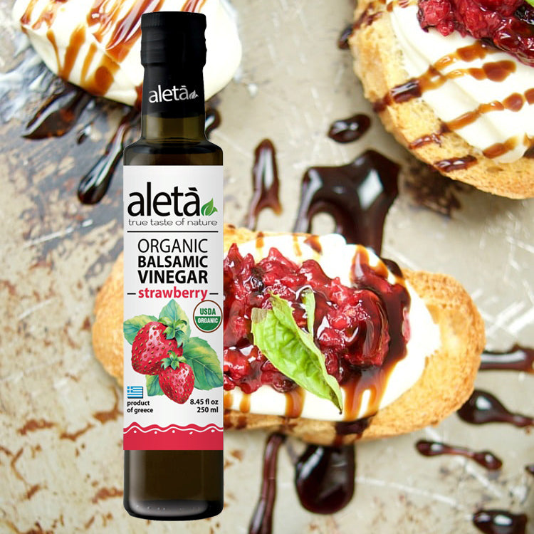 Aleta Organic, Strawberry Infused Balsamic Vinegar, Glass Bottle, 8.45 oz.