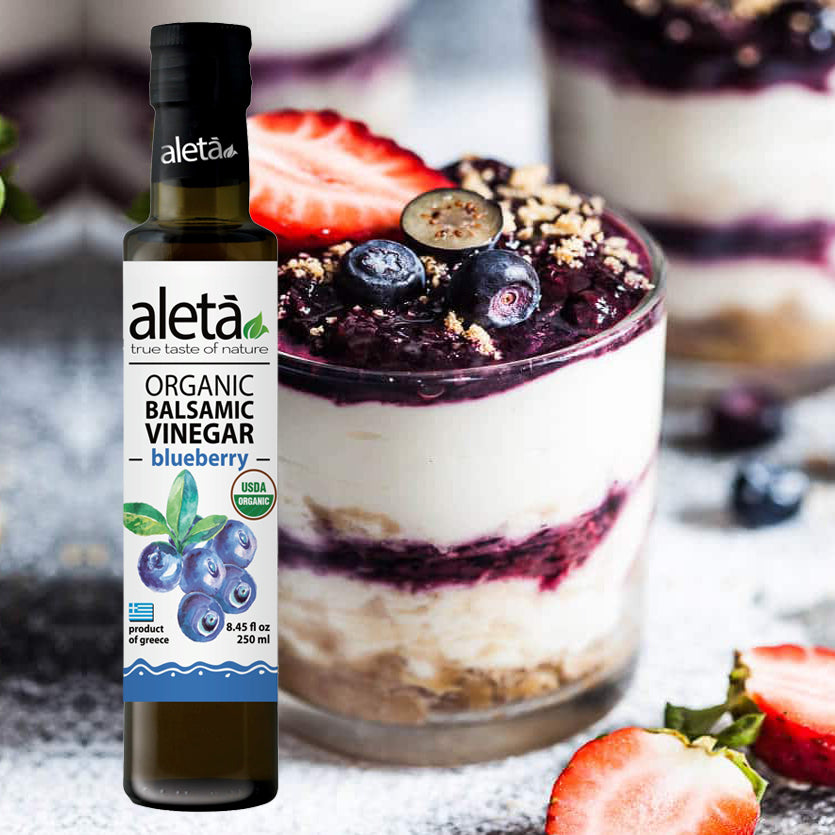 Aleta Organic, Blueberry Infused Balsamic Vinegar, Glass Bottle, 8.45 oz.