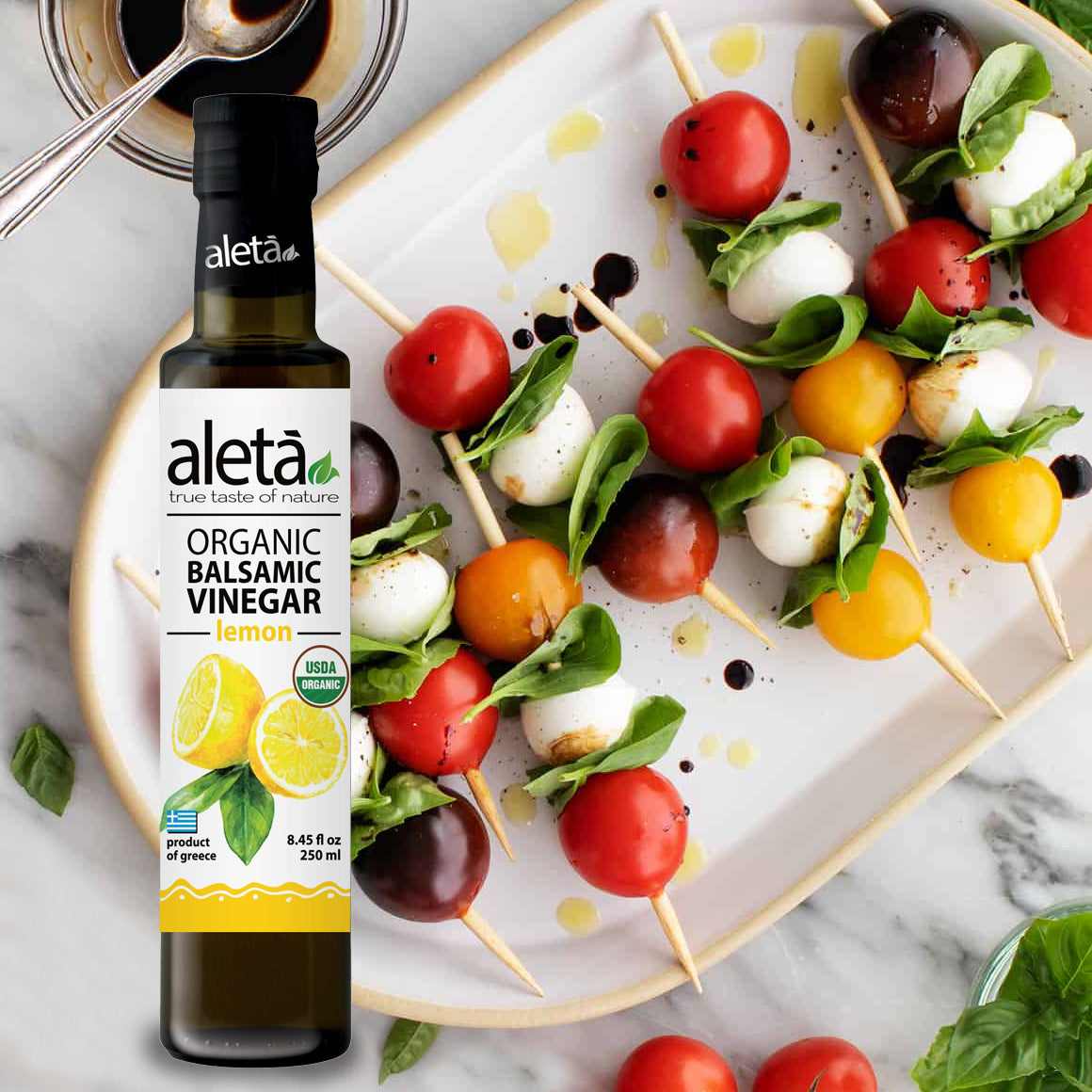 Aleta Organic, Lemon Infused Balsamic Vinegar, Glass Bottle, 8.45 oz.