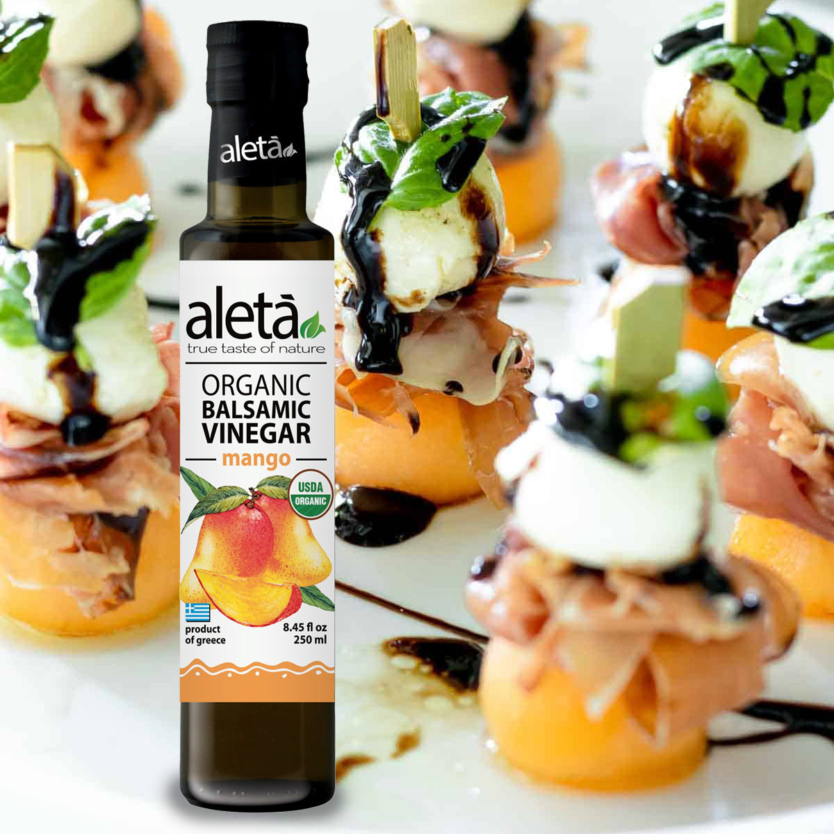 Aleta Organic, Mango Infused Balsamic Vinegar, Glass Bottle, 8.45 oz.