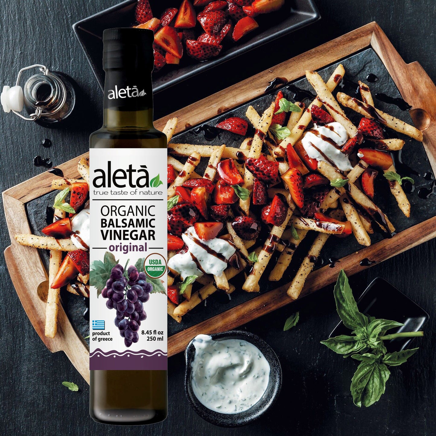 Aleta Organic, Natural Plain Balsamic Vinegar, Glass Bottle, 8.45 oz.