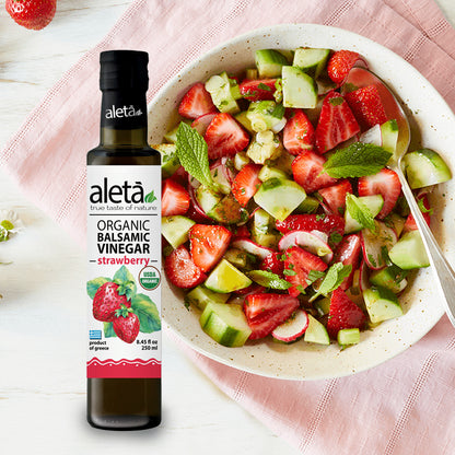 Aleta Organic, Strawberry Infused Balsamic Vinegar, Glass Bottle, 8.45 oz.