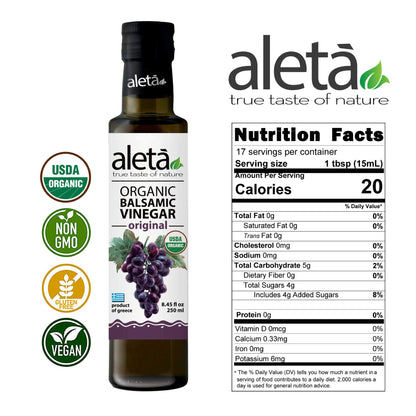 Aleta Organic, Natural Plain Balsamic Vinegar, Glass Bottle, 8.45 oz.