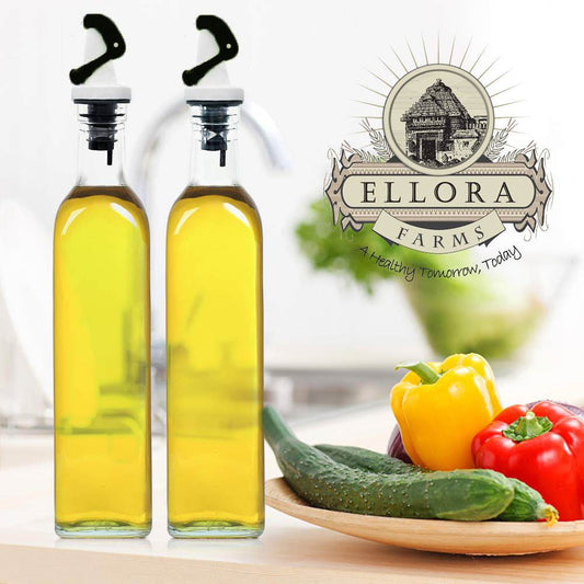 Apollo Chef Cruet Glass Bottle Set, Gravity Pourer, Oil & Vinegar Dispenser, 16 fl oz. X 2 Bottles - ELLORA FARMS