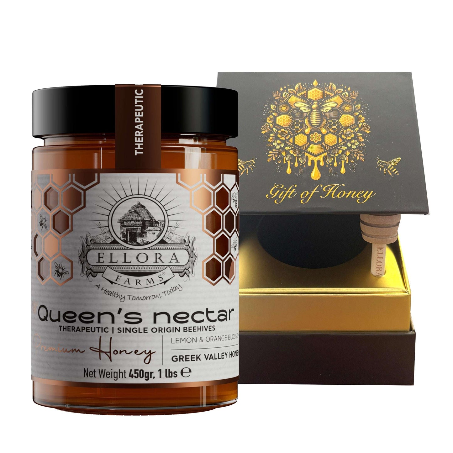 Greek Raw Honey, Queens Nectar, Lemon & Orange Blossom, Therapeutic, 450g CUBE Gift - ELLORA FARMS